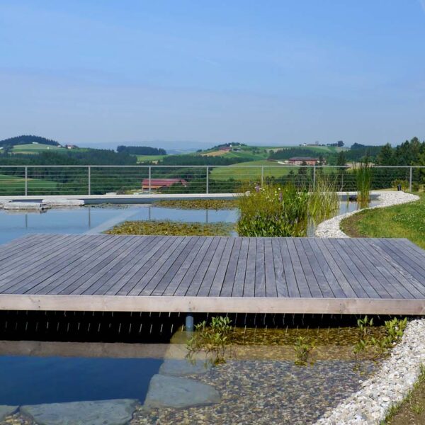 Holzsteg mit modernem Poolhaus